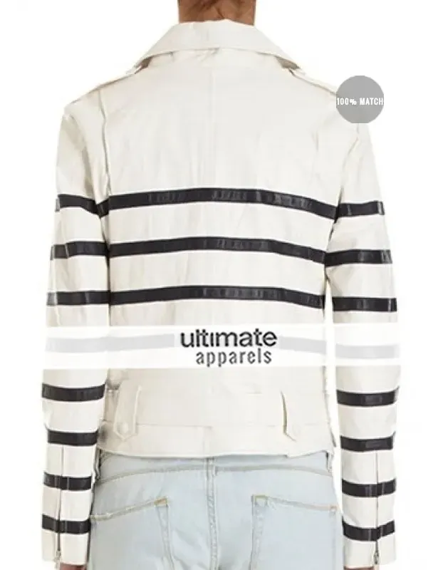 Katie Holmes White Striped Biker Jacket Katie Holmes White Striped Biker Jacket