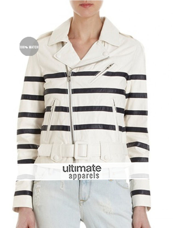 Katie Holmes White Striped Biker Jacket
