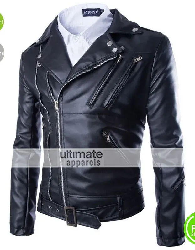Black Fashion Men Short Slim Fit Collar Leather Jacket