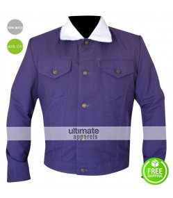 Men/Women Purple Cotton Jacket With Fur Collar