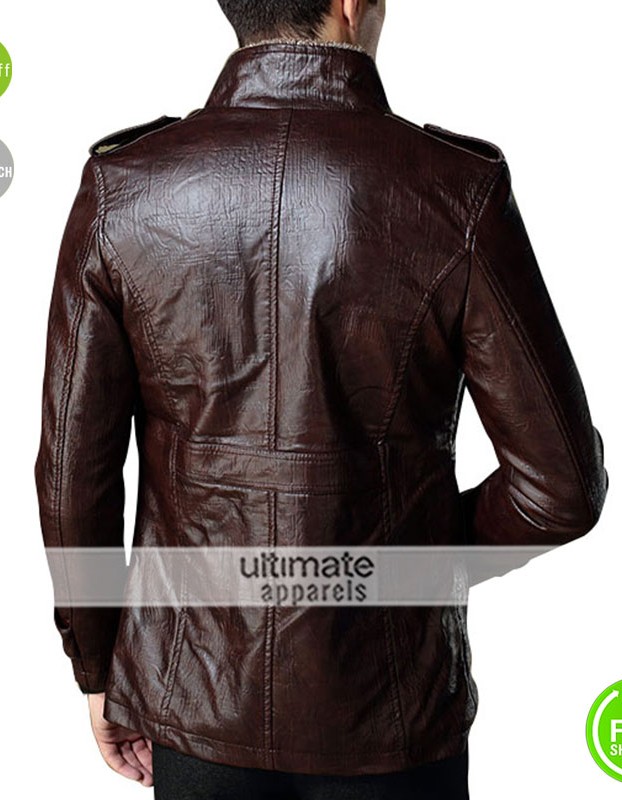 Strap Pocket Dark Brown Shearling Leather Jacket