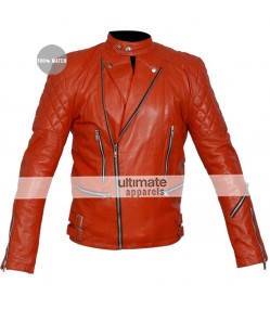 Brando Red Men's Quilted Motorcycle Leather Jacket 