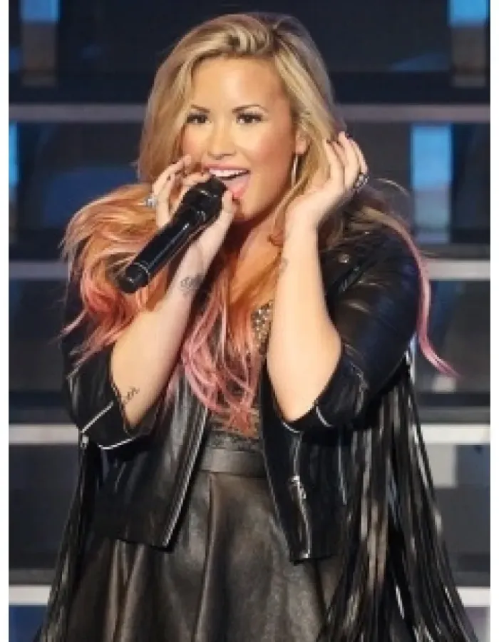 Demi Lovato Fringe Black Biker Moto Leather Jacket