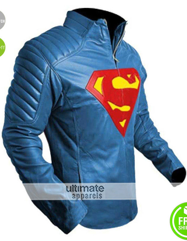 New Superman Logo Blue Collar Slim Fit Leather Jacket New Superman Logo Blue Collar Slim Fit Leather Jacket