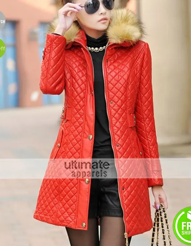 New Women Parka Fur Collar Quilted Red Coat Outwear