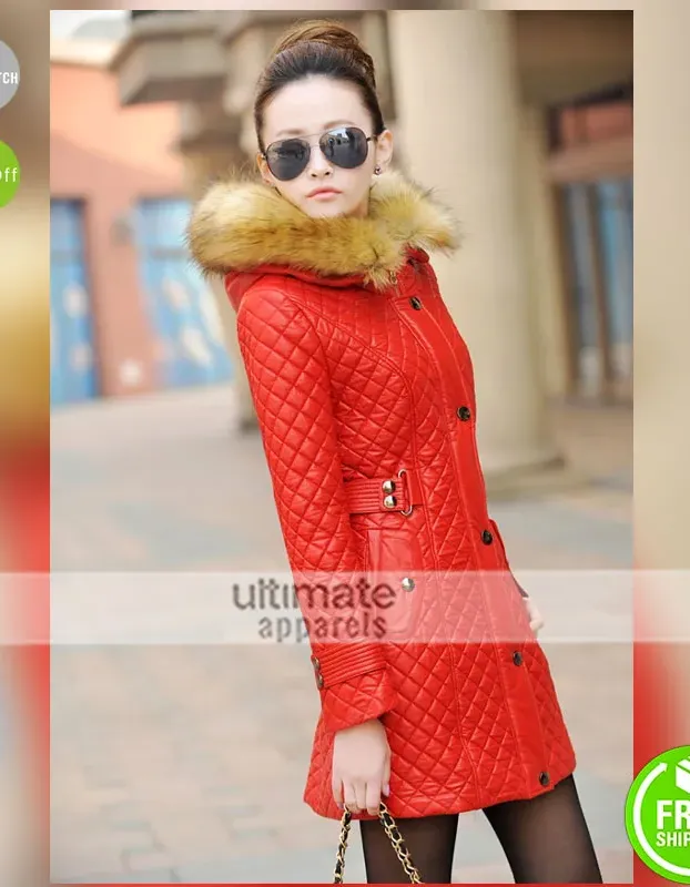 New Women Parka Fur Collar Quilted Red Coat Outwear