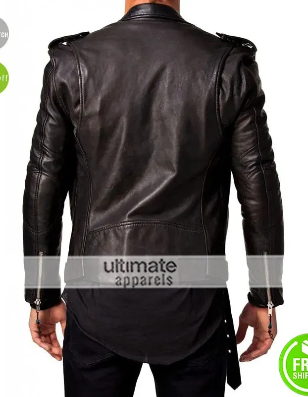 Yunqiaa Black Slim Fit Biker Genuine Lambskin Jacket