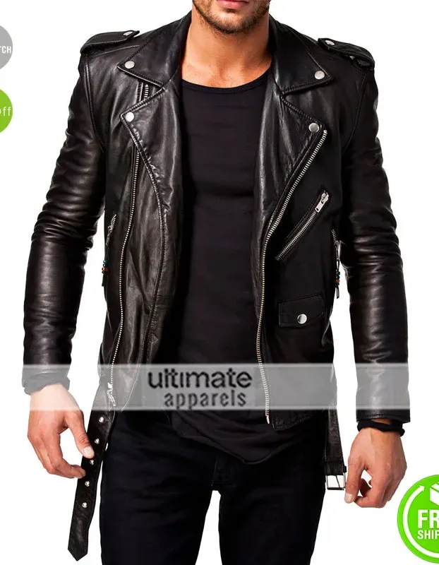 Yunqiaa Black Slim Fit Biker Genuine Lambskin Jacket