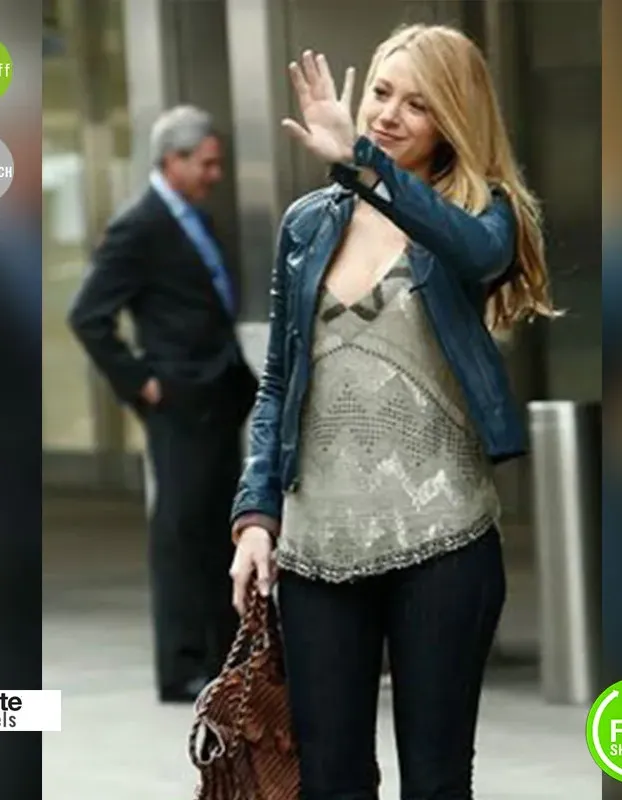 Blake Lively Blue Slimfit Leather Jacket