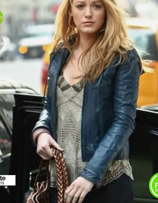 Blake Lively Blue Slimfit Leather Jacket