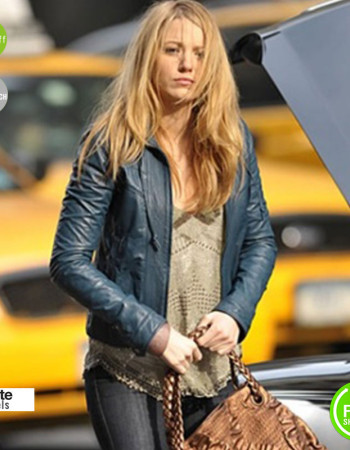 Blake Lively Blue Slimfit Leather Jacket Blake Lively Blue Slimfit Leather Jacket