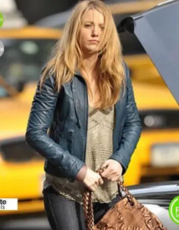 Blake Lively Blue Slimfit Leather Jacket Blake Lively Blue Slimfit Leather Jacket