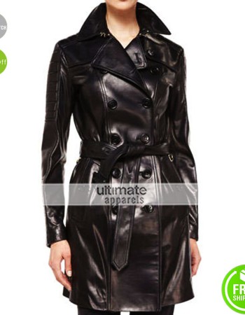 Burberry London Double Breasted Black Leather Trench Coat