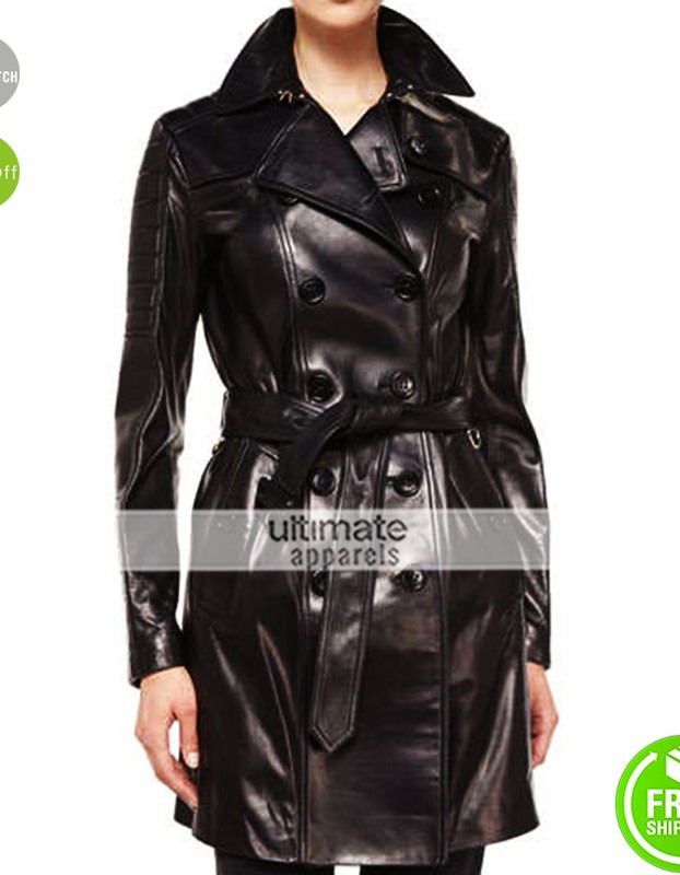 Burberry London Double Breasted Black Leather Trench Coat