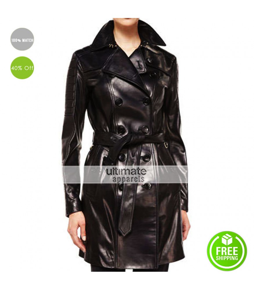 Burberry London Double Breasted Black Leather Trench Coat