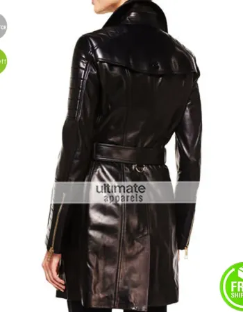 Burberry London Double Breasted Black Leather Trench Coat