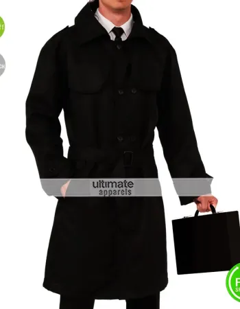 Detective Mens Agent Spy Black Trench Coat Costume
