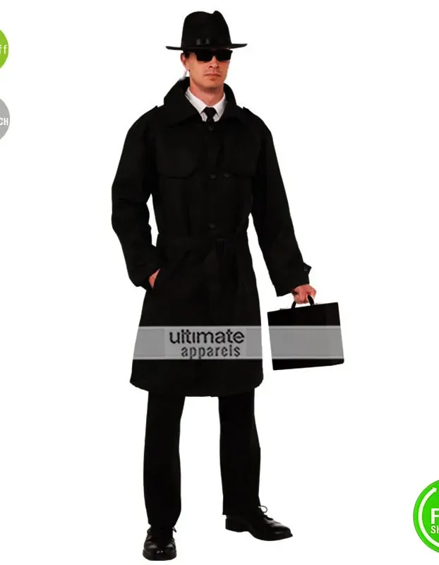 Detective Mens Agent Spy Black Trench Coat Costume Detective Mens Agent Spy Black Trench Coat Costume