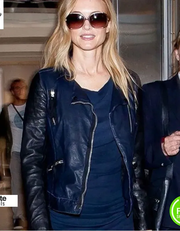 Heather Graham Blue Leather Jacket At La Airport Heather Graham Blue Leather Jacket At La Airport