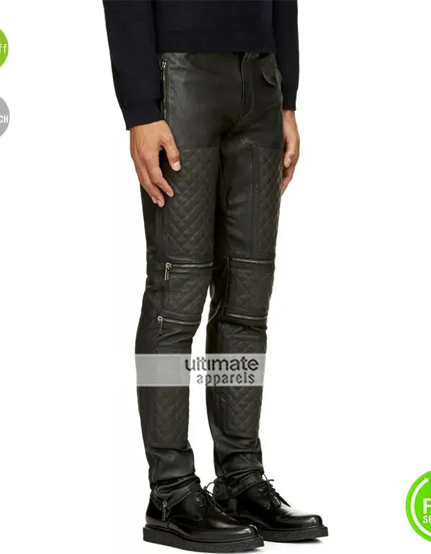 Men Dark Grey Leather Zip Panel Quilted Pants Men Dark Grey Leather Zip Panel Quilted Pants