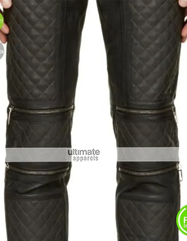 Men Dark Grey Leather Zip Panel Quilted Pants Men Dark Grey Leather Zip Panel Quilted Pants