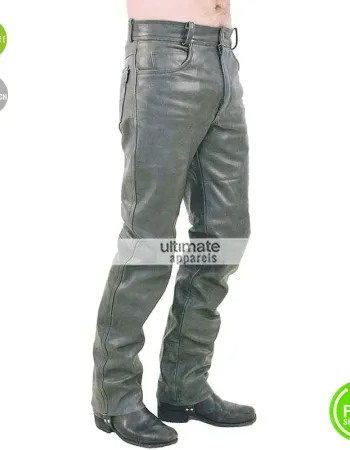 Men Plane Dull Grey Leather Pant