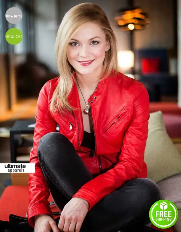 Linda Hesse Red Slim Fit Leather Jacket For Women