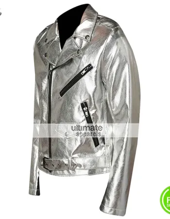 New Men Silver Shiny leather Jacket