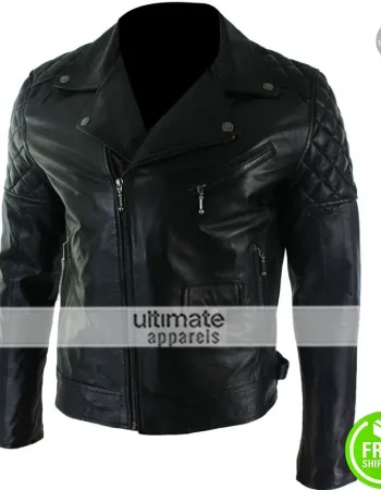 Mens Cross Zip Biker Black Retro Quilted Jacket