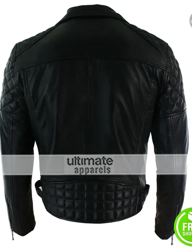 Mens Cross Zip Biker Black Retro Quilted Jacket