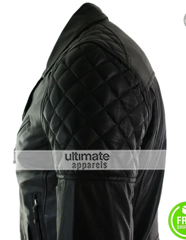 Mens Cross Zip Biker Black Retro Quilted Jacket
