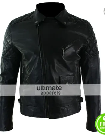 Mens Cross Zip Biker Black Retro Quilted Jacket