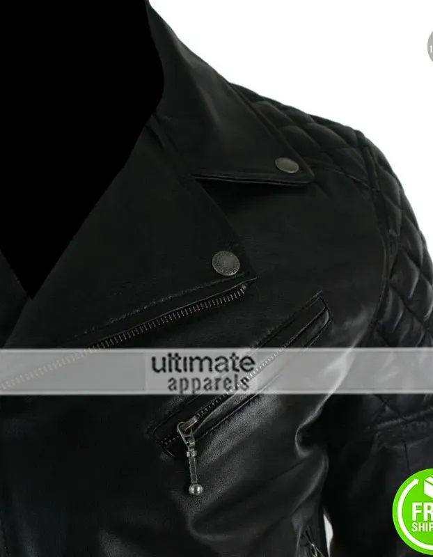 Mens Cross Zip Biker Black Retro Quilted Jacket