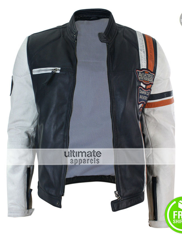 Aviatrix Retro Navy Blue/White Casual Biker Jacket