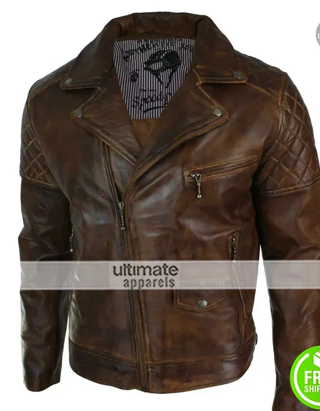 Mens Cross Zip Biker Black Retro Quilted Jacket