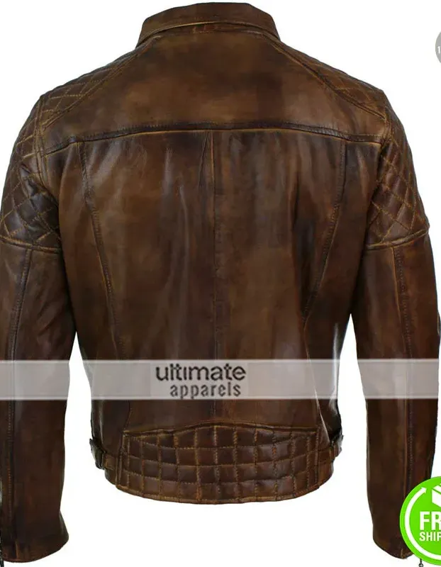 Mens Cross Zip Biker Black Retro Quilted Jacket
