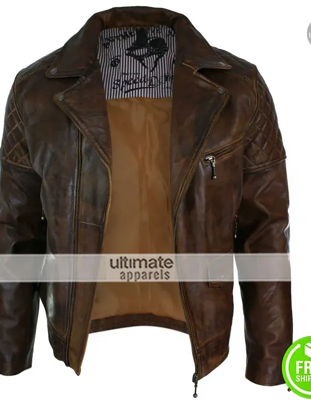 Mens Cross Zip Biker Black Retro Quilted Jacket