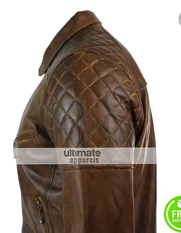 Mens Cross Zip Biker Black Retro Quilted Jacket