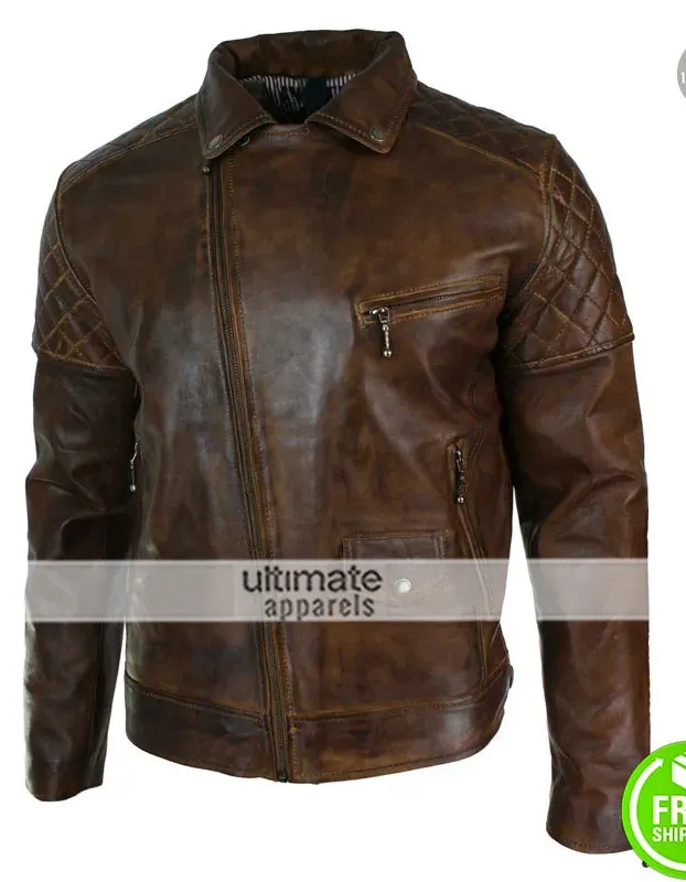 Mens Cross Zip Biker Black Retro Quilted Jacket