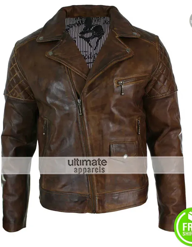 Mens Cross Zip Biker Black Retro Quilted Jacket