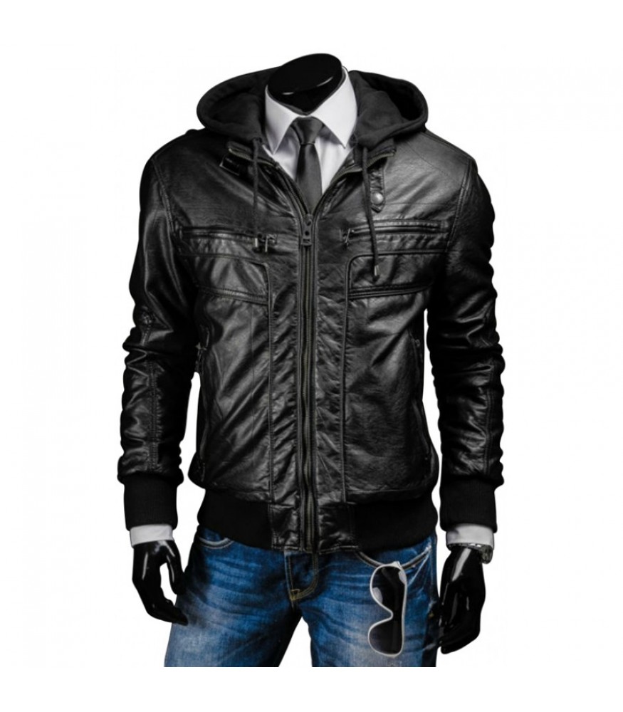 Buy Men's Slim-fit Hooded Black Leather Jacket
