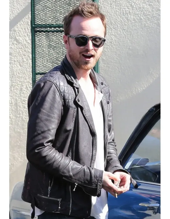 Aaron Paul Black Biker Quilted Leather Jacket