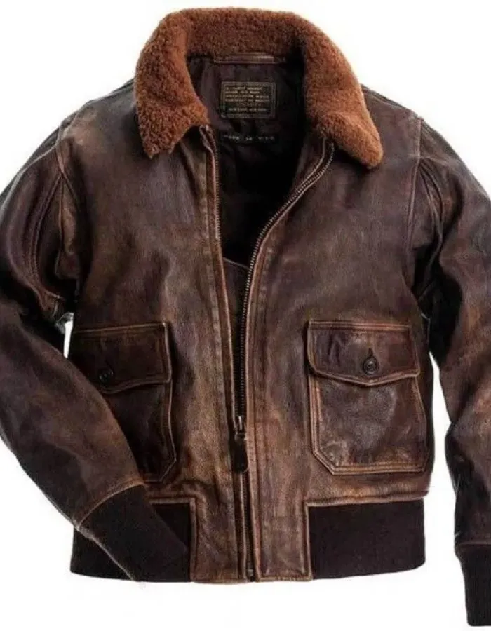 G1 Fur Collar Air Force Aviator Men Distressed Genuine Leather Jacket