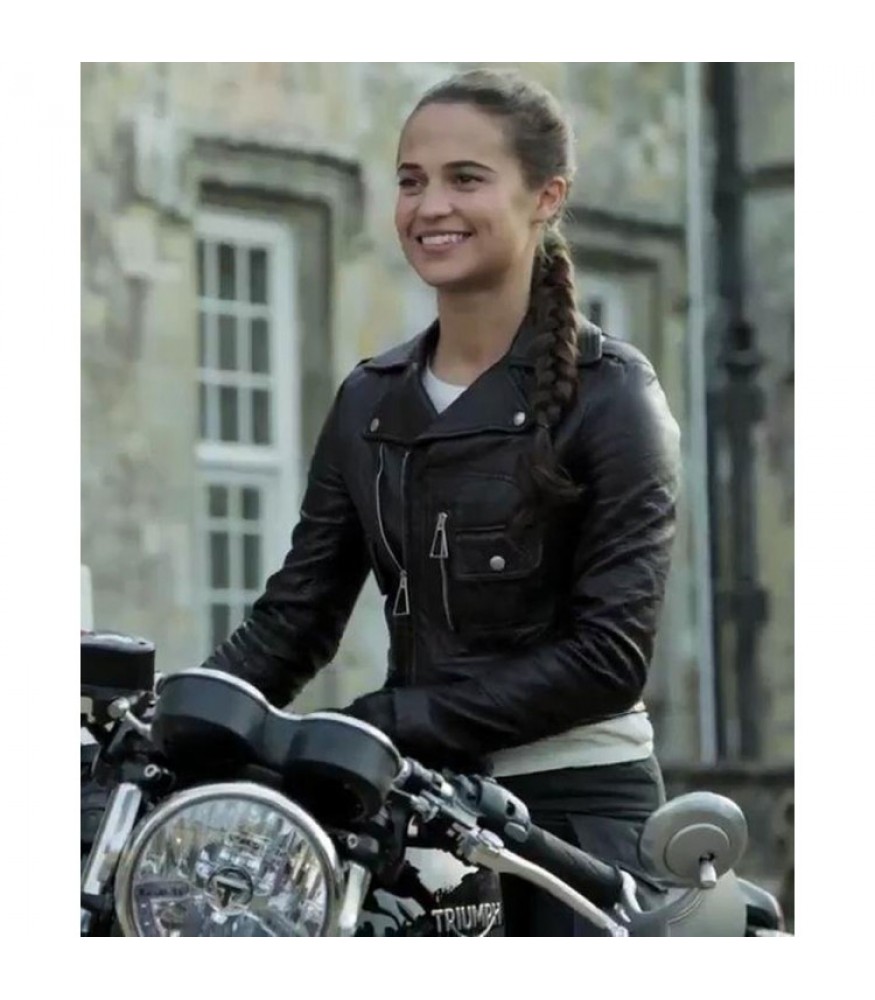 Bridge pier gedragen weg Alicia Vikander Tomb Raider Lara Croft Brando Biker Black Leather Jacket