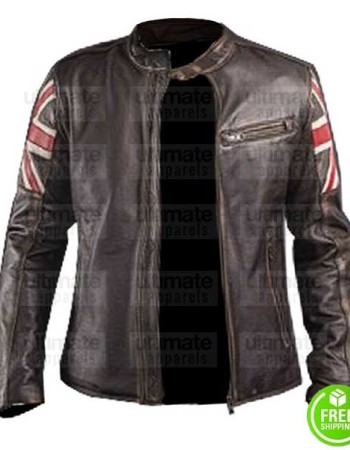 CAFE RACER WITH AMERICAN FLAG BROWN LEATHER JACKET