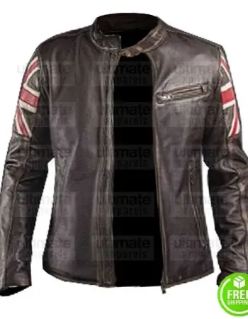 CAFE RACER WITH AMERICAN FLAG BROWN LEATHER JACKET
