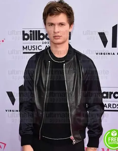 ANSEL ELGORT VARSITY BLACK BOMBER LEATHER JACKET