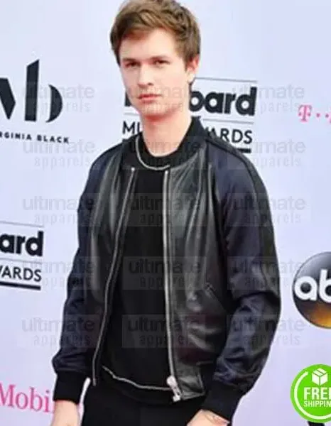 ANSEL ELGORT VARSITY BLACK BOMBER LEATHER JACKET