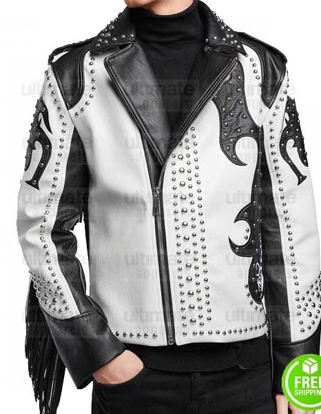 ASYMMETRICAL SILVER STUDDED FRINGE LEATHER JACKET