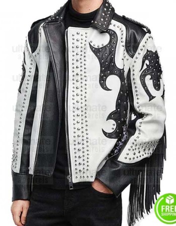 ASYMMETRICAL SILVER STUDDED FRINGE LEATHER JACKET ASYMMETRICAL SILVER STUDDED FRINGE LEATHER JACKET
